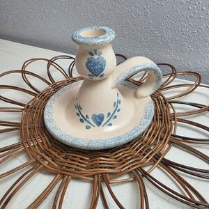 Vintage Spongeware Pottery White w/Blue Hearts Candle Stick Holder w/Finger Loop